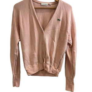Lacoste Pink V-Neck Button Cardigan Sweater Logo Size 34 Green Detail
